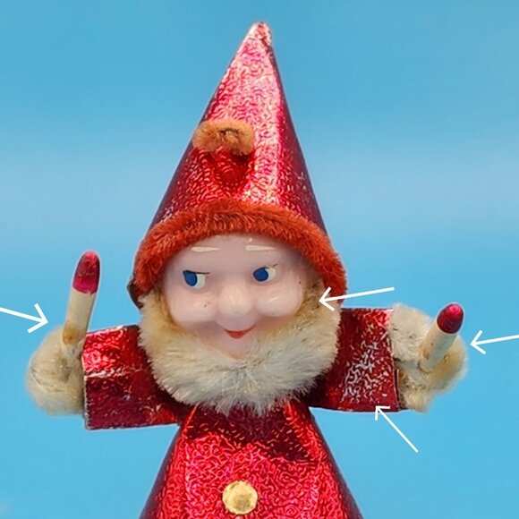 Vintage 1950s Elf Ornament Red Foil Putz Candles Celluloid Face Chenille Japan - Picture 7 of 9